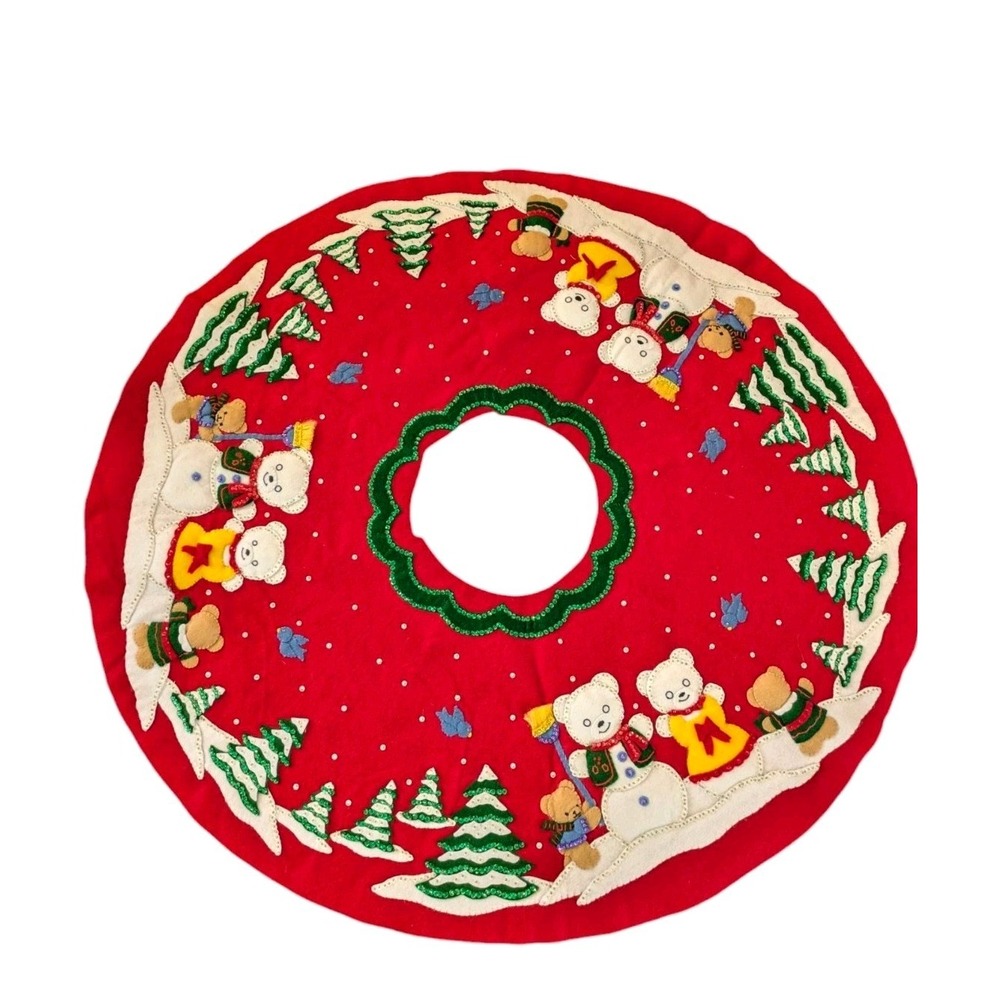 Christmas Tree Skirt Holiday Deco Felt Applique Bears Snowman Red 36" Grannycore